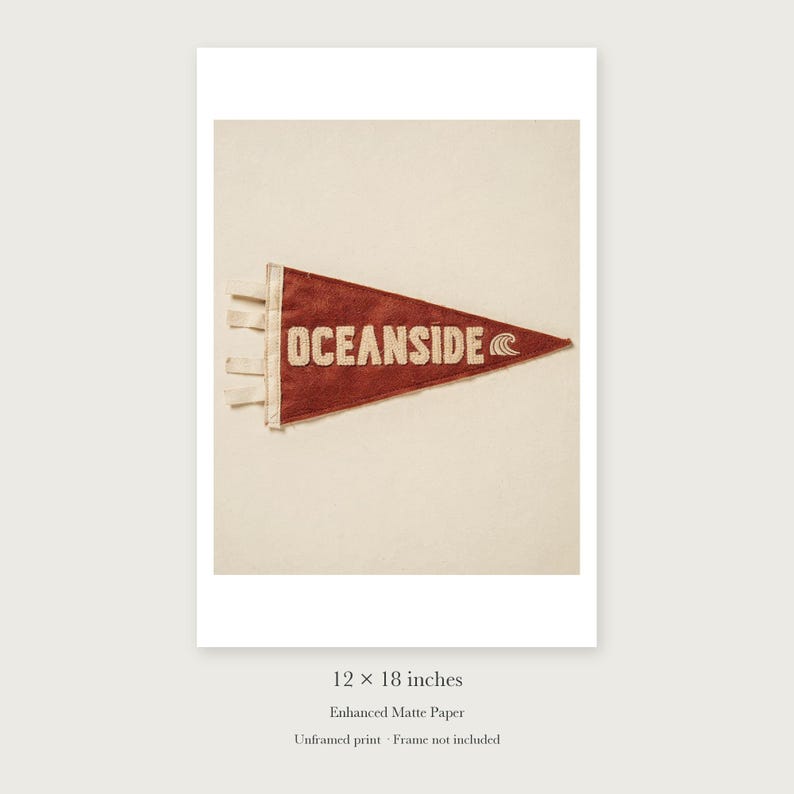 Oceanside Surf Pennant unframed 12 by 18 inch print on enhanced matte paper, shown with its white paper border.
