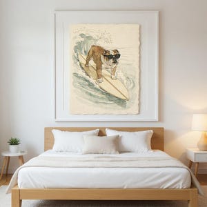 Bulldog Surfing Print framed in a modern bedroom setting