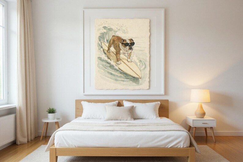 Bulldog Surfing Print framed in a modern bedroom setting