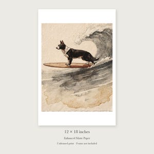 Black and White Surfing Dog Art Print, Framed or Unframed Coastal Poster image 8