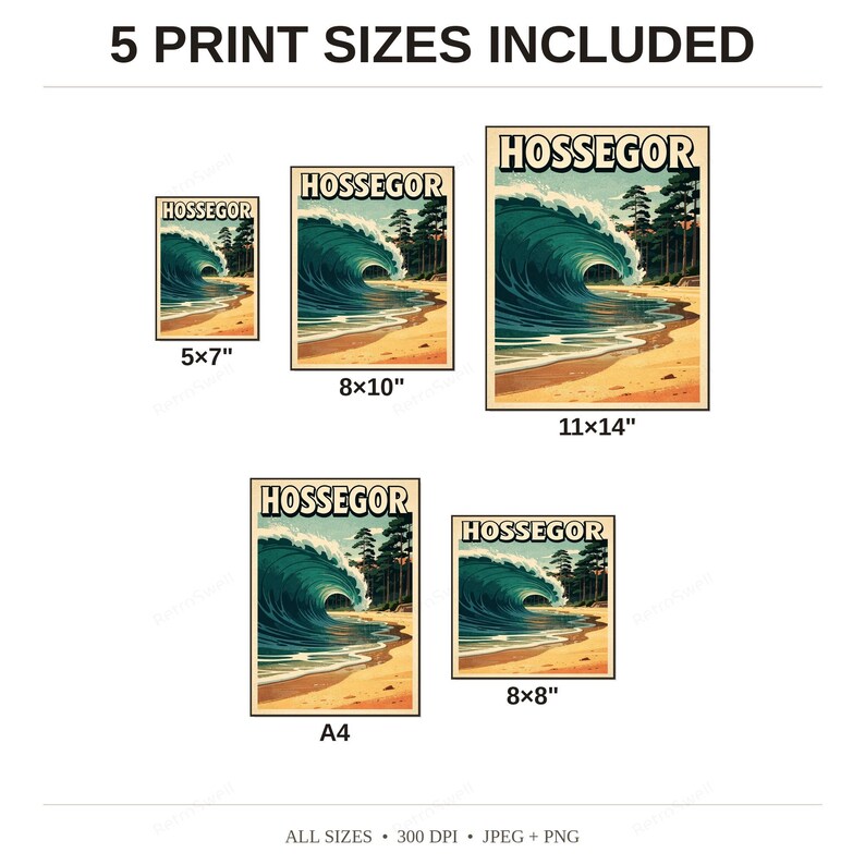Hossegor France Surf Poster - available print sizes: 5x7, 8x10, 11x14, A4, and square