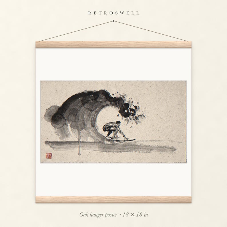 Surfer in the Barrel Xieyi Ink oak hanger poster, 18 by 18 inches, the painting centred on the paper with natural wood rails and a hanging cord.