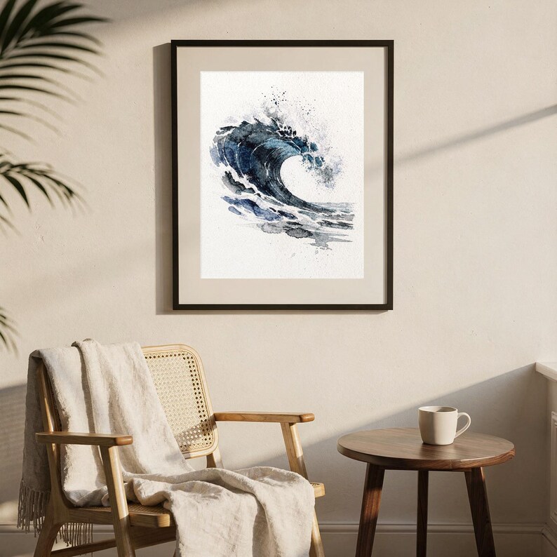 Watercolor Wave Painting Print, Indigo Barrel Ocean Art, Coastal Wall Decor, Surf Art, Beach House Gift, Printable Wall Art Digital Download image 8