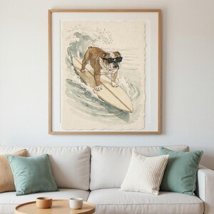 Bulldog Surfing Print framed in a beach-style living room setting