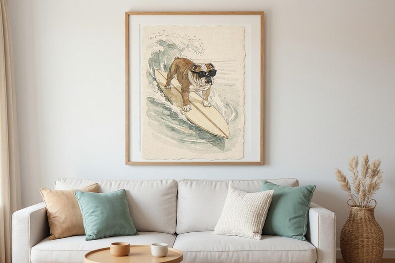 Bulldog Surfing Print framed in a beach-style living room setting
