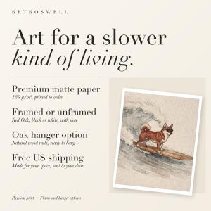 RetroSwell print details for Shiba Inu Surfing: premium 189 g/m² matte paper, framed or unframed, oak hanger option, free US shipping.