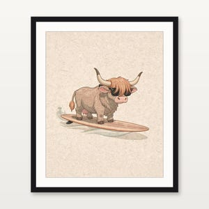 Highland Cow Surfing Print, Cute Coastal Nursery Decor, Cow with Sunglasses on Longboard, Printable Wall Art Digital Download image 3