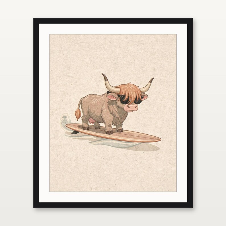 Highland Cow Surfing Print, Cute Coastal Nursery Decor, Cow with Sunglasses on Longboard, Printable Wall Art Digital Download image 3