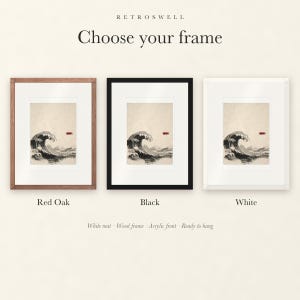 Frame options for Wave Ink Style: Red Oak, black and white wood frames, each with a white mat.