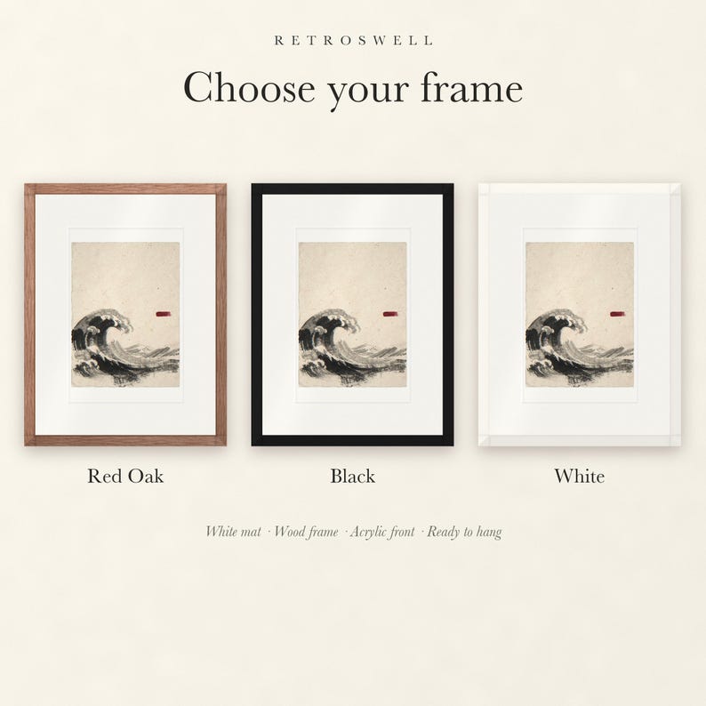 Frame options for Wave Ink Style: Red Oak, black and white wood frames, each with a white mat.