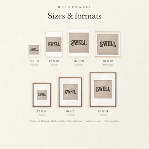 Sizes and formats for Swell Patch, shown to scale: unframed prints, oak hanger and framed prints.