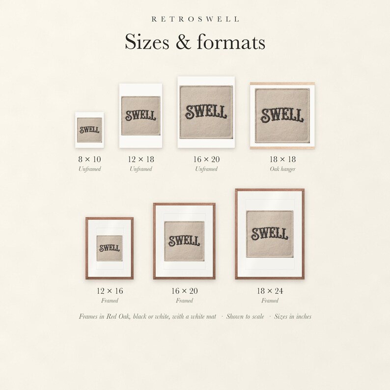 Sizes and formats for Swell Patch, shown to scale: unframed prints, oak hanger and framed prints.