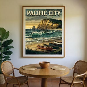 Pacific City Oregon Surf Poster framed in a coastal dining room setting