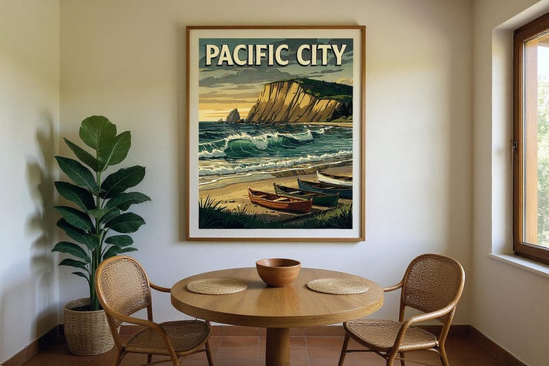 Pacific City Oregon Surf Poster framed in a coastal dining room setting