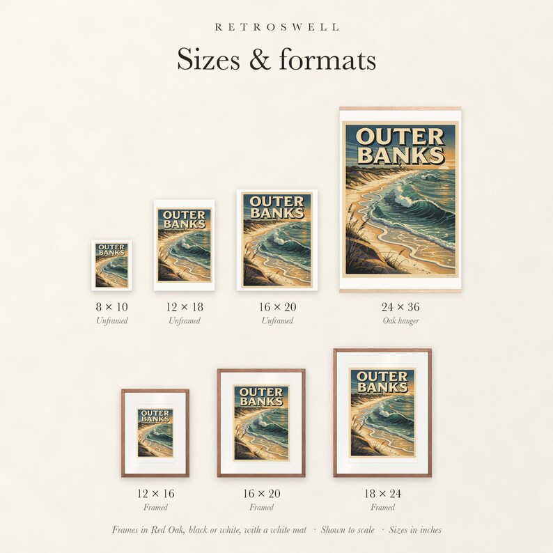 Sizes and formats for Outer Banks Surf, shown to scale: unframed prints, oak hanger and framed prints.