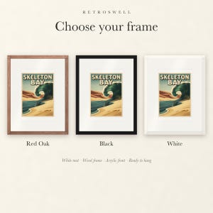 Frame options for Skeleton Bay Namibia Surf: Red Oak, black and white wood frames, each with a white mat.
