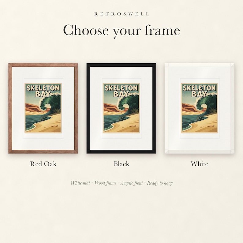 Frame options for Skeleton Bay Namibia Surf: Red Oak, black and white wood frames, each with a white mat.