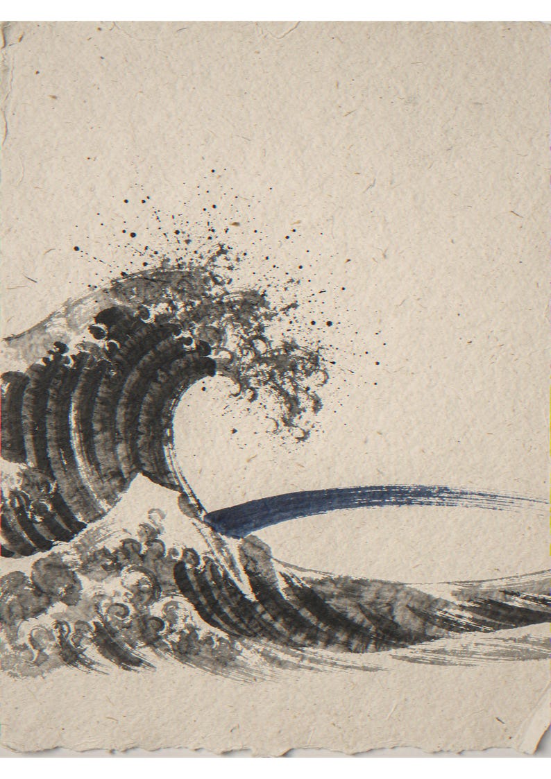 Crashing wave with indigo accent unframed printed artwork and full composition with its paper border.