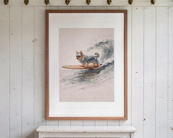 Lámina artística de Yorkshire Terrier surfeando, póster de perro costero con o sin marco.