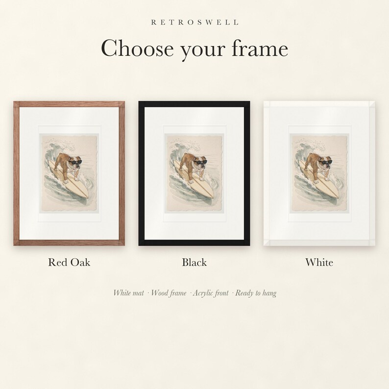 Frame options for Bulldog Surfing: Red Oak, black and white wood frames, each with a white mat.