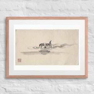 Swimming Dog Xieyi Ink print in a Red Oak 24 by 18 inch frame with a white mat on a white brick wall.