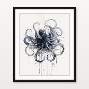 Octopus Watercolor Print, Indigo Sea Life Painting, Coastal Wall Art, Nautical Bathroom Decor, Printable Wall Art Digital Download image 3