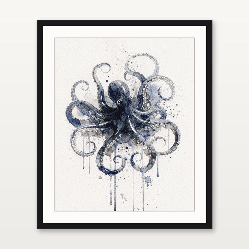 Octopus Watercolor Print, Indigo Sea Life Painting, Coastal Wall Art, Nautical Bathroom Decor, Printable Wall Art Digital Download image 3