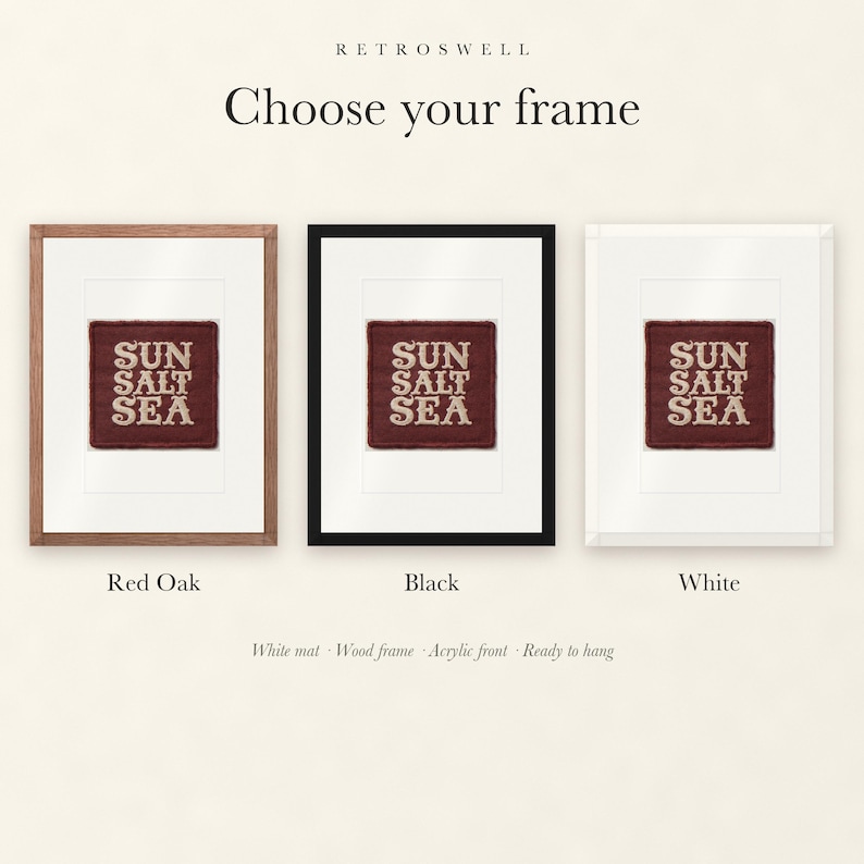 Frame options for Sun Salt Sea Patch: Red Oak, black and white wood frames, each with a white mat.