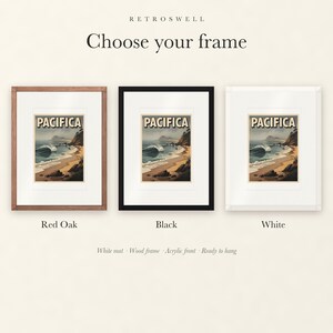 Frame options for Pacifica Surf: Red Oak, black and white wood frames, each with a white mat.