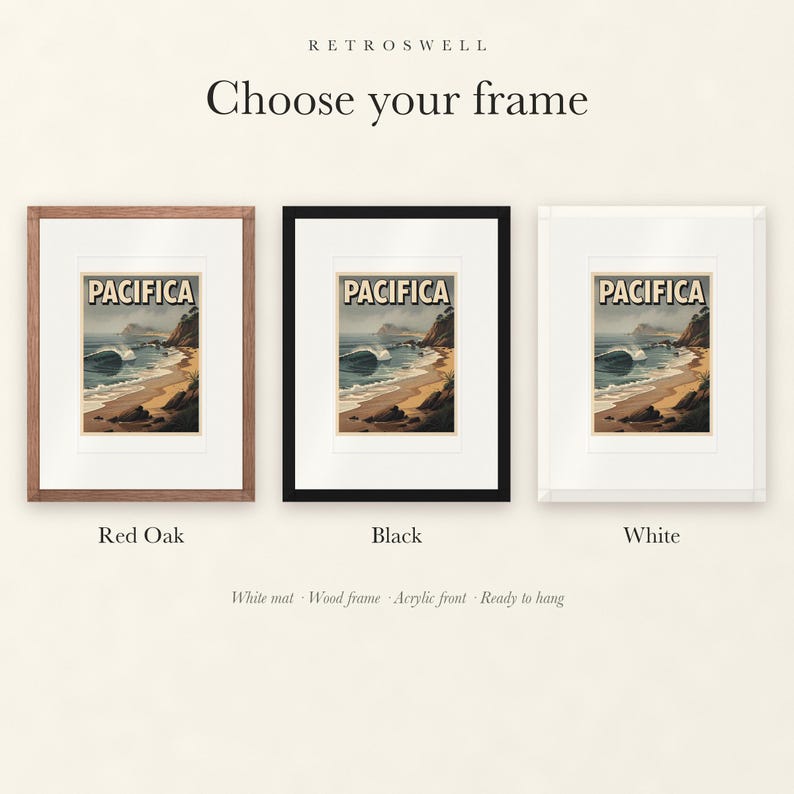 Frame options for Pacifica Surf: Red Oak, black and white wood frames, each with a white mat.