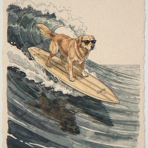 Lámina artística de Golden Retriever surfeando, póster de perro estilo acuarela con o sin marco. imagen 10