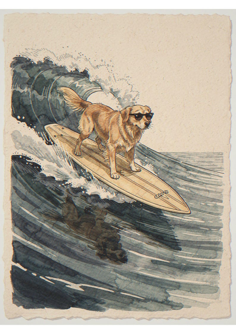 Lámina artística de Golden Retriever surfeando, póster de perro estilo acuarela con o sin marco. imagen 10
