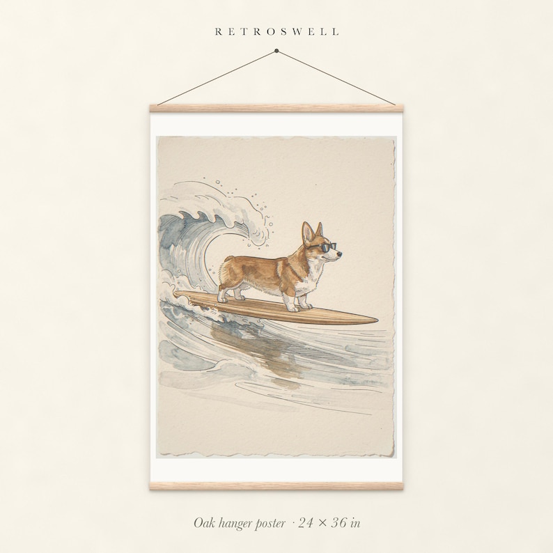 Corgi Surfing oak hanger poster, 24 by 36 inches, with natural wood rails and a hanging cord.