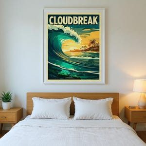 Cloudbreak Fiji Surf Poster framed in a modern bedroom setting