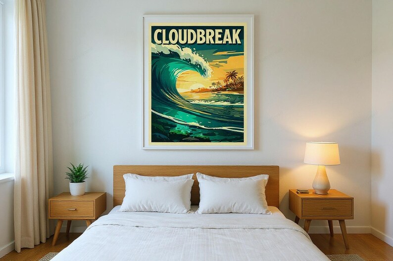 Cloudbreak Fiji Surf Poster framed in a modern bedroom setting