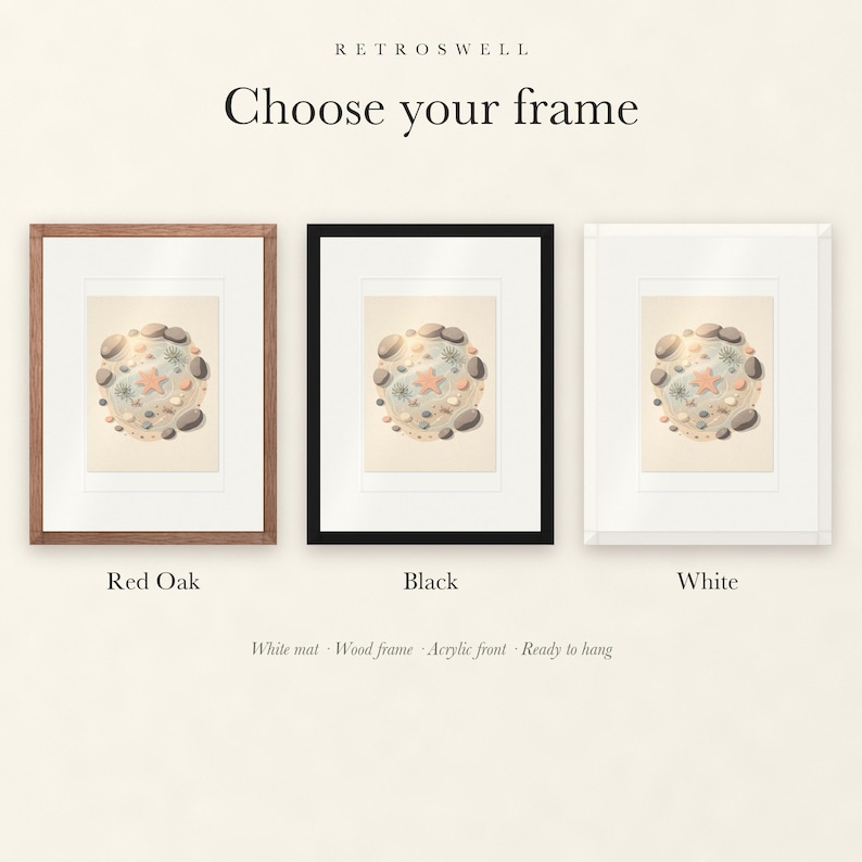 Frame options for Tide Pool Nursery: Red Oak, black and white wood frames, each with a white mat.