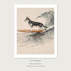 Husky Surfing unframed 8 by 10 inch print on enhanced matte paper, shown with its white paper border.
