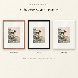 Frame options for Boston Terrier Surfing: Red Oak, black and white wood frames, each with a white mat.