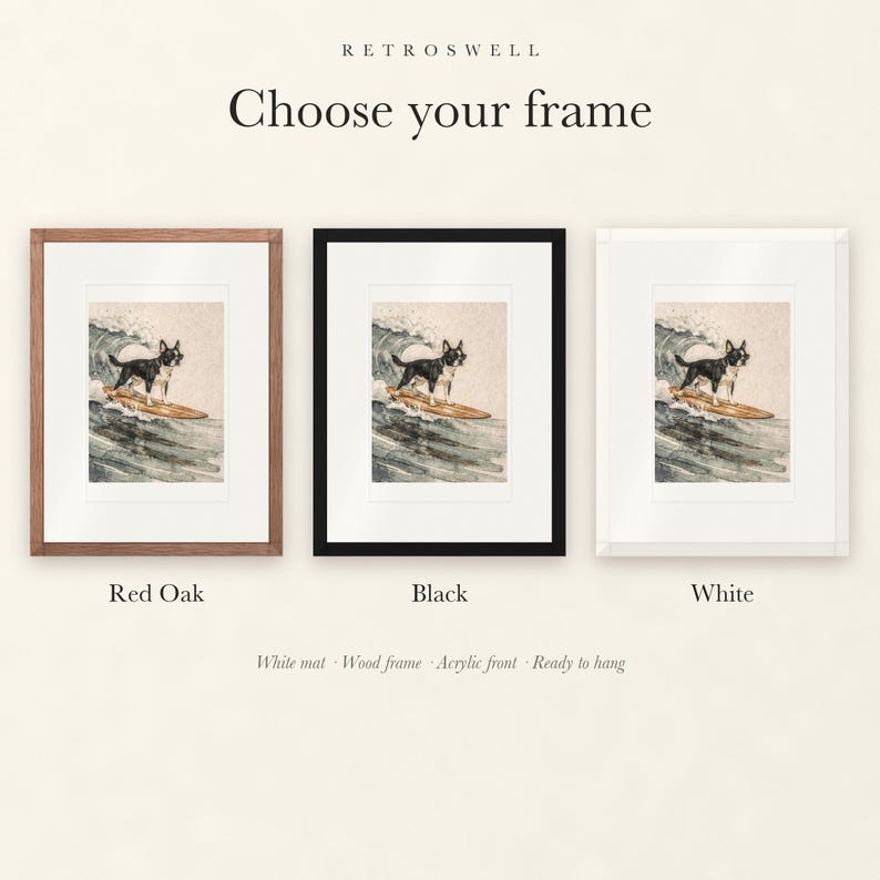 Frame options for Boston Terrier Surfing: Red Oak, black and white wood frames, each with a white mat.