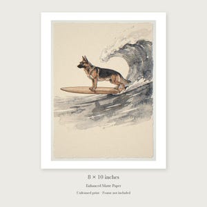 German Shepherd Surfing unframed 8 by 10 inch print on enhanced matte paper, shown with its white paper border.