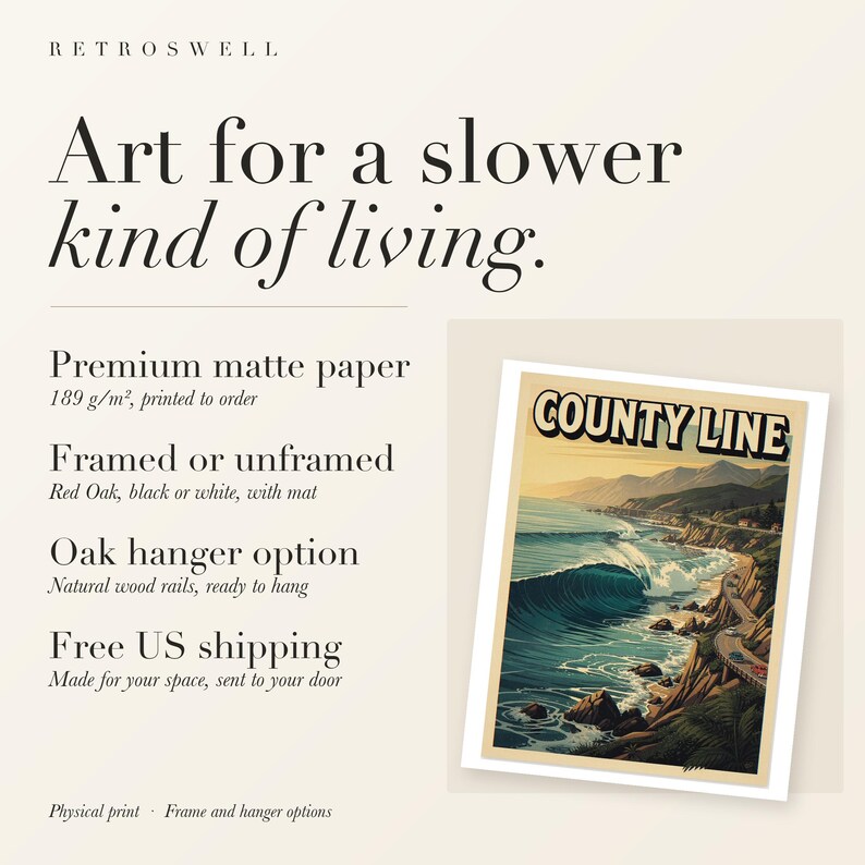 County Line Surf Travel Poster, Framed or Unframed Vintage Style Coastal Print image 11