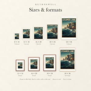Sizes and formats for Steamer Lane Surf, shown to scale: unframed prints from 8 by 10 to 24 by 36 inches, oak hanger and framed prints.