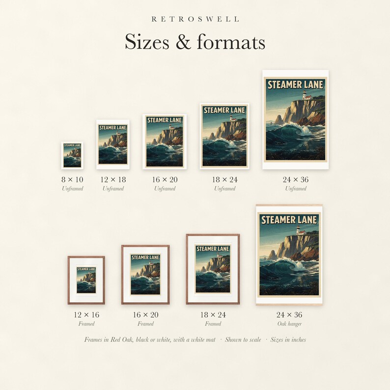 Sizes and formats for Steamer Lane Surf, shown to scale: unframed prints from 8 by 10 to 24 by 36 inches, oak hanger and framed prints.