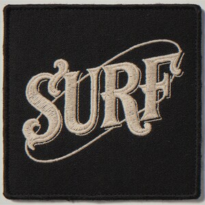 Surf embroidered-style patch unframed printed artwork and full composition with its paper border.