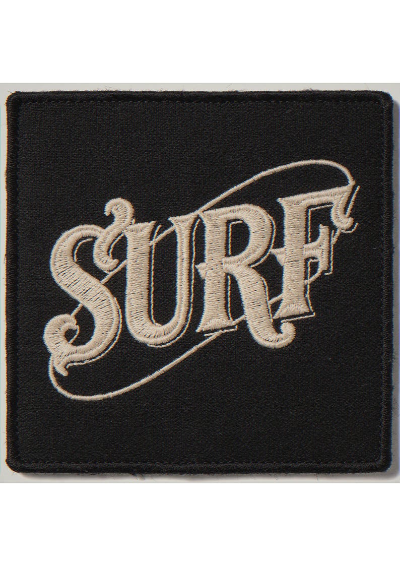 Surf embroidered-style patch unframed printed artwork and full composition with its paper border.