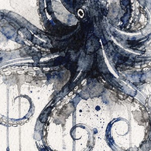 Octopus Watercolor Print, Indigo Sea Life Painting, Coastal Wall Art, Nautical Bathroom Decor, Printable Wall Art Digital Download image 4