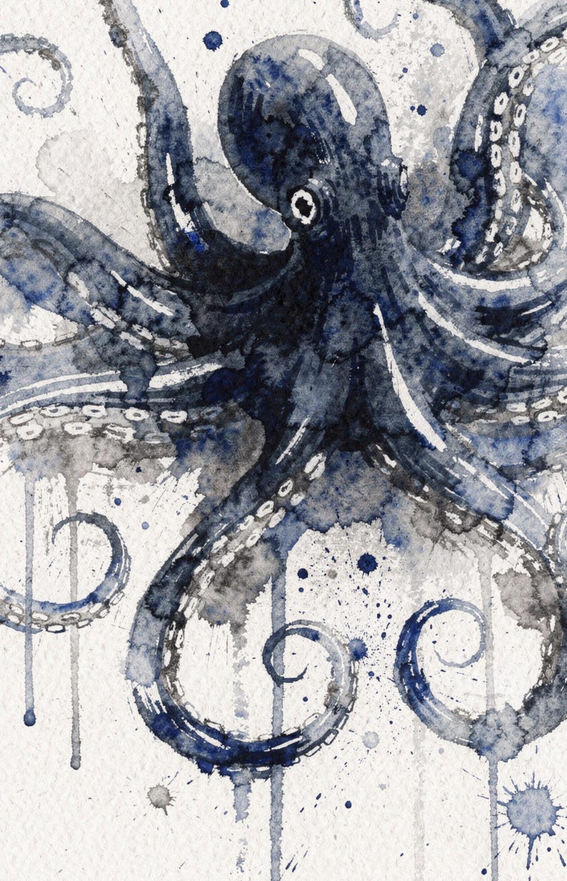 Octopus Watercolor Print, Indigo Sea Life Painting, Coastal Wall Art, Nautical Bathroom Decor, Printable Wall Art Digital Download image 4