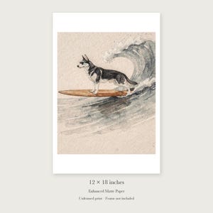 Husky Surfing unframed 12 by 18 inch print on enhanced matte paper, shown with its white paper border.