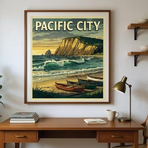 Pacific City Oregon Surf Poster framed in a home office setting