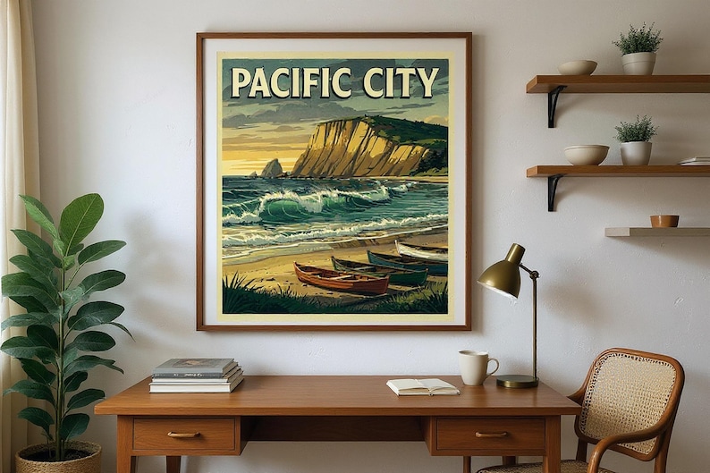 Pacific City Oregon Surf Poster framed in a home office setting